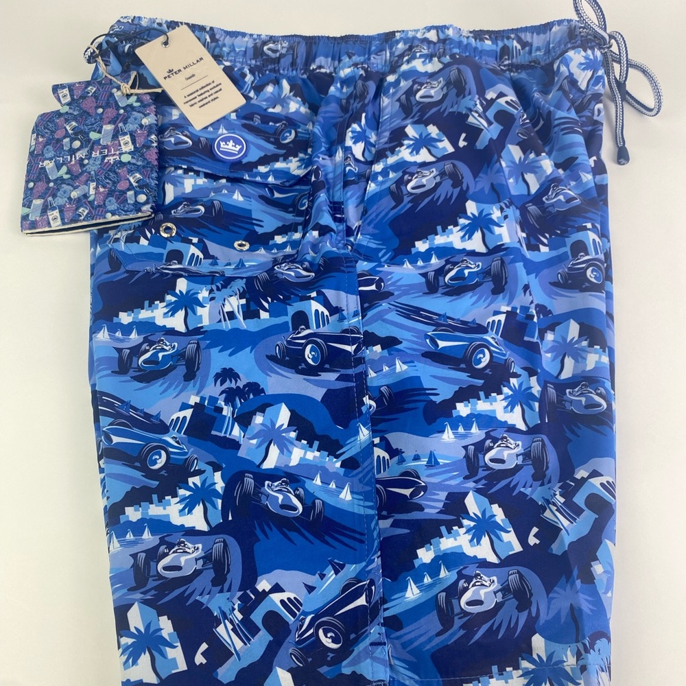 NWT Peter Millar Seaside Monaco Madness ATL Blue w/Koozie Swim Trunks Suit $98